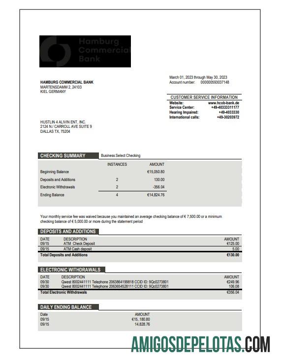 Em branco Extrato de conta corporativa do banco comercial de Hamburgo modelo Word e PDF